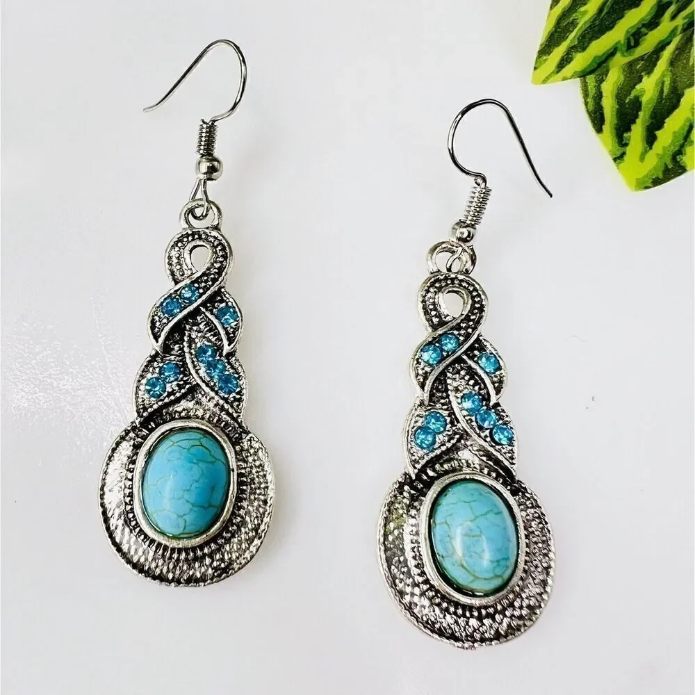 Teal Blue Faux Turquoise Ribbon Braided Rhinestone Silver Tone Dangle Earrings